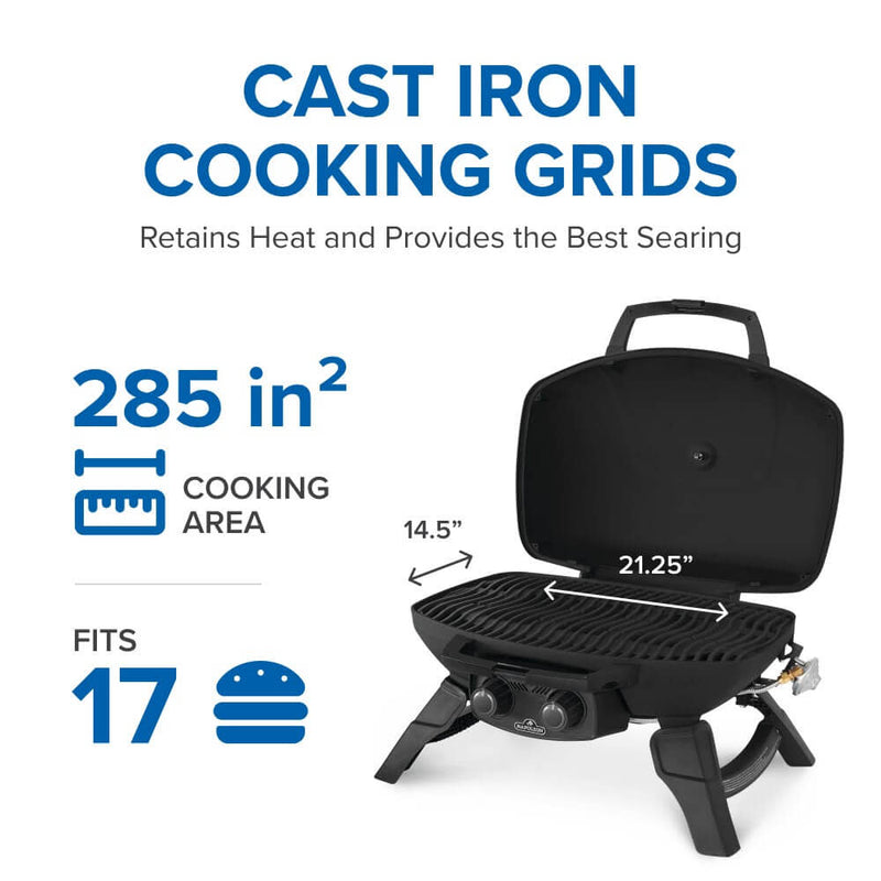 Load image into Gallery viewer, Napoleon TravelQ 285 Red Portable Gas Grill with Griddle with cast iron cooking grids on a white background

