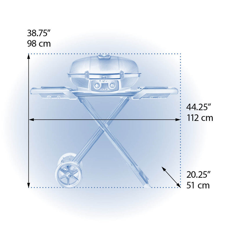Load image into Gallery viewer, Measurement chart of a Napoleon TravelQ 285X Blue Portable Gas Grill with Scissor Cart with dimensions labeled.
