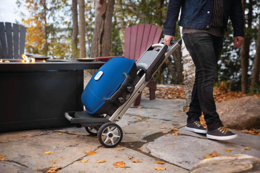 Napoleon TravelQ 285X Blue Portable Gas Grill with Scissor Cart and 2 Burners