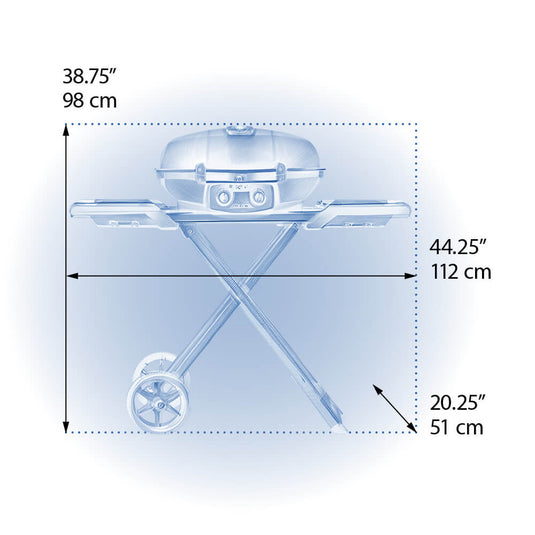 Measurement chart of Napoleon TravelQ 285X red portable propane gas grill with scissor with dimensions labeled.