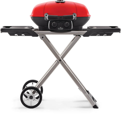 Napoleon TravelQ 285X red portable propane gas grill with scissor cart and reversible cast iron griddle, featuring 2 burners for versatile outdoor cooking