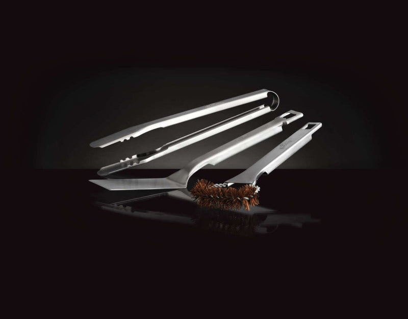 Load image into Gallery viewer, Napoleon TravelQ 3 Piece Portable BBQ Tool Set with Compact Stainless Steel Spatula, Tongs, and Natural Fiber Grill Brush
