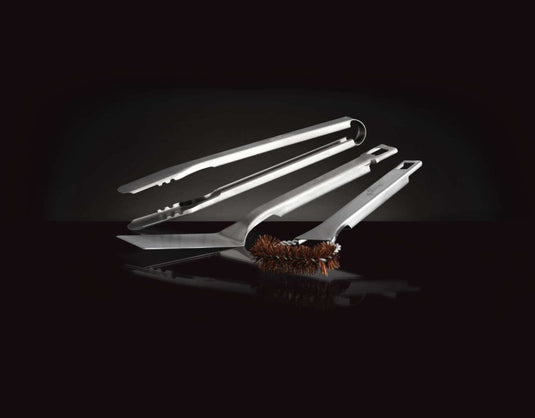 Napoleon TravelQ 3 Piece Portable BBQ Tool Set with Compact Stainless Steel Spatula, Tongs, and Natural Fiber Grill Brush
