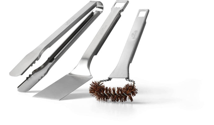 Napoleon TravelQ 3 Piece Portable BBQ Tool Set with Compact Stainless Steel Spatula, Tongs, and Natural Fiber Grill Brush