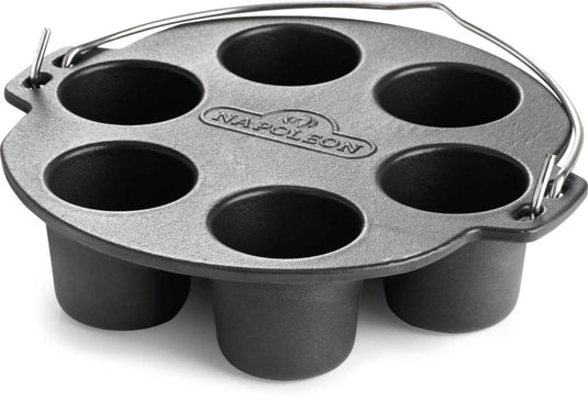 Napoleon cast iron muffin cooker with six compartments and easy-carry handle
