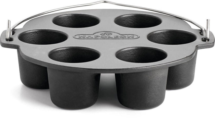 Napoleon cast iron muffin cooker with six compartments and easy-carry handle