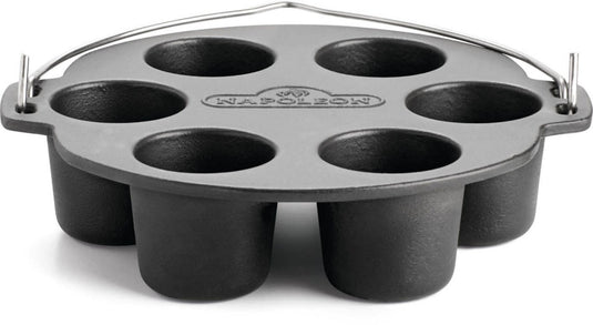 Napoleon cast iron muffin cooker with six compartments and easy-carry handle