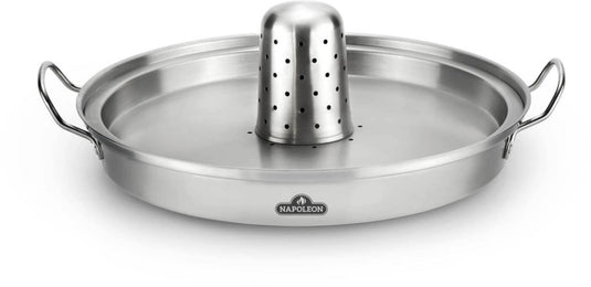 Napoleon Premium Chicken Infusion Roaster 3-in-1 set with wok, boiling plate, and infusion cone made of stainless steel for versatile grilling and roasting
