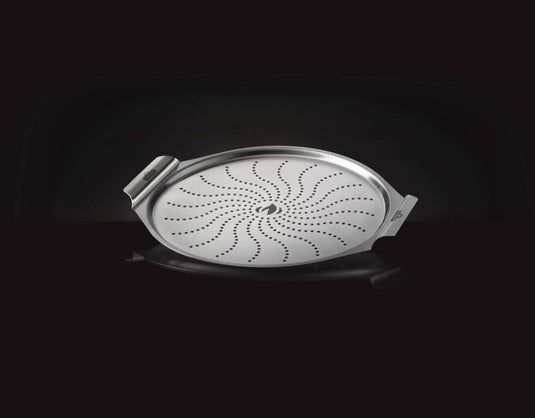 Napoleon 14-inch stainless steel pizza pan with WAVE™ perforated pattern and built-in handles for even grilling and easy handling