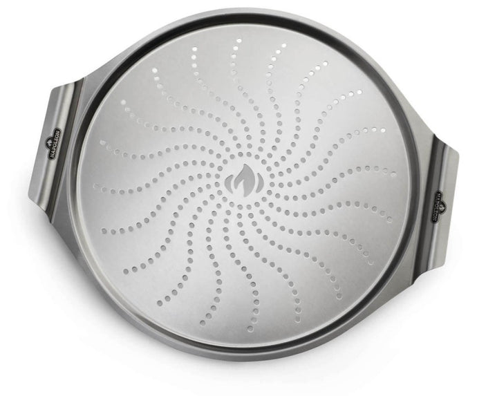 Napoleon 14-inch stainless steel pizza pan with WAVE™ perforated pattern and built-in handles for even grilling and easy handling
