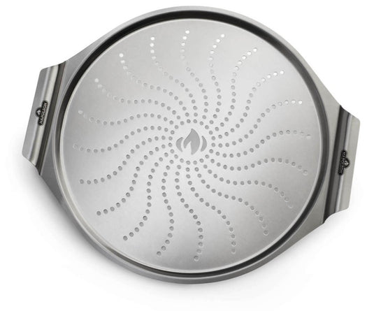 Napoleon 14-inch stainless steel pizza pan with WAVE™ perforated pattern and built-in handles for even grilling and easy handling