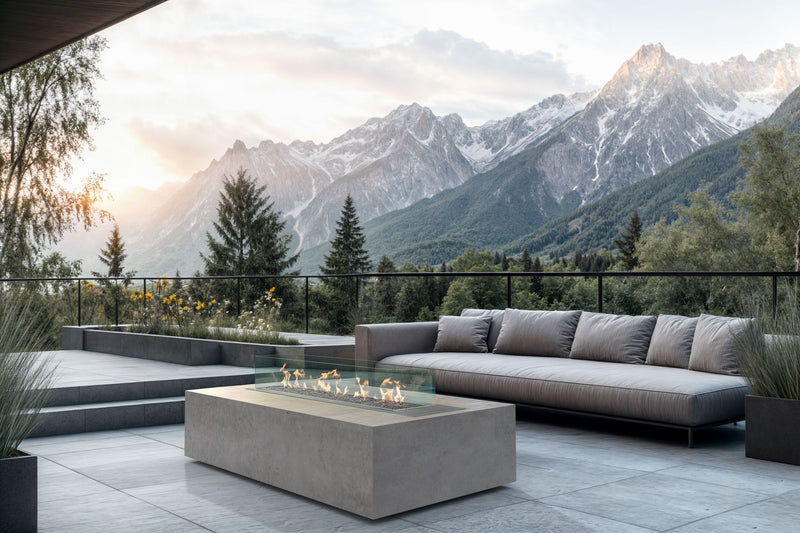 Load image into Gallery viewer, Planika Cabo Fire Table Kreta installed on a modern outdoor patio with decorative flames
