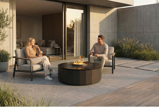 Planika Comet Fire Table Laurent installed on a luxury outdoor terrace with decorative flames