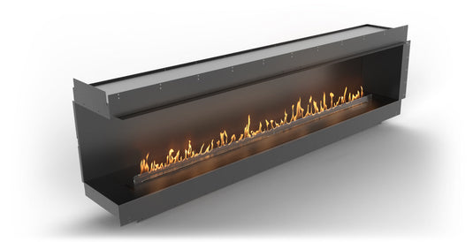 Front and left view of Planika Firebox 106” Left Corner Fireplace with FLA4 98” Burner
