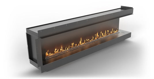 Front and right view of Planika Firebox 106” Right Corner Fireplace with FLA4 98” Burner