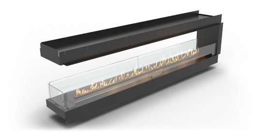 Front view of Planika Firebox 106” Room Divider Fireplace with FLA4 98” Burner