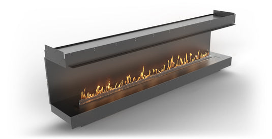 Front view of Planika Firebox 106” Three-Sided Fireplace with FLA4 98” Burner
