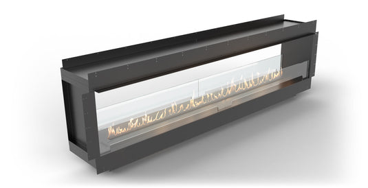 Front view of Planika Firebox 106” Tunnel Fireplace with FLA4 98” Burner