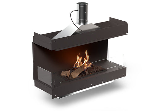 Planika Firebox 48” Three-Sided Fireplace with FLA4 39” Logs and Flue Connection front view