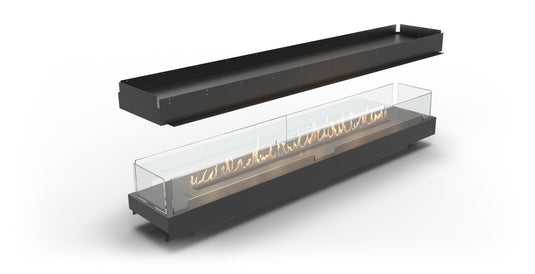 Front view of Planika Firebox 92” Island Fireplace with FLA4 78” Burner
