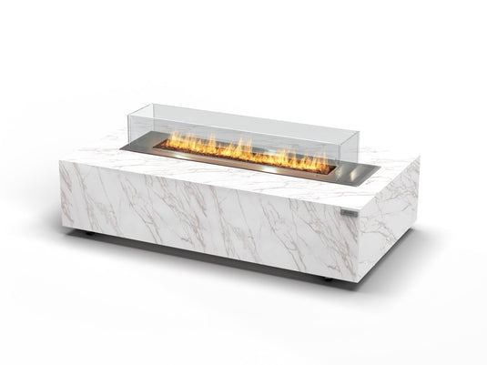 Front view of Planika Galaxy Daze Table automatic outdoor gas fire table with Dekton Daze stone finish