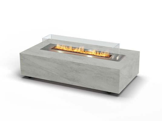 Front view of Planika Galaxy Kreta Table automatic outdoor gas fire table with Dekton Kreta stone finish