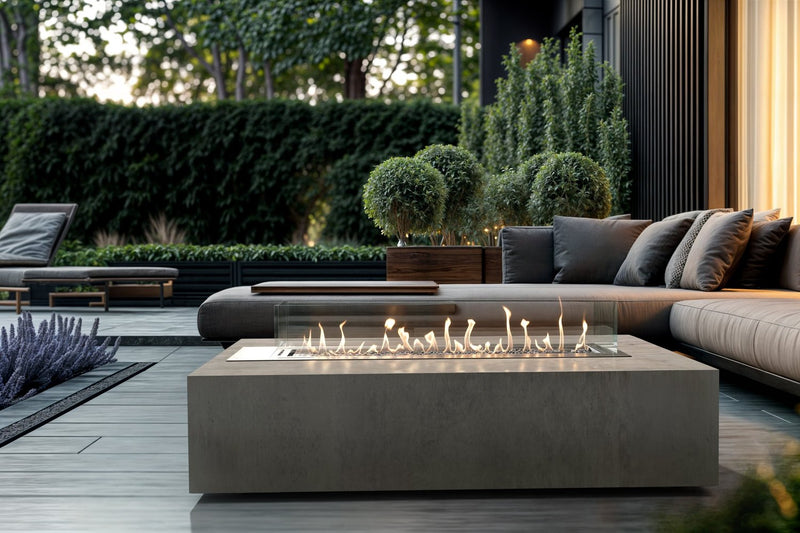 Load image into Gallery viewer, Planika Galaxy Kreta Table fire table installed on modern outdoor patio with elegant gas flames
