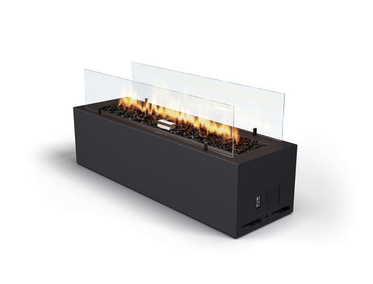 Front view of Planika Galio Black automatic outdoor gas fireplace with black steel housing