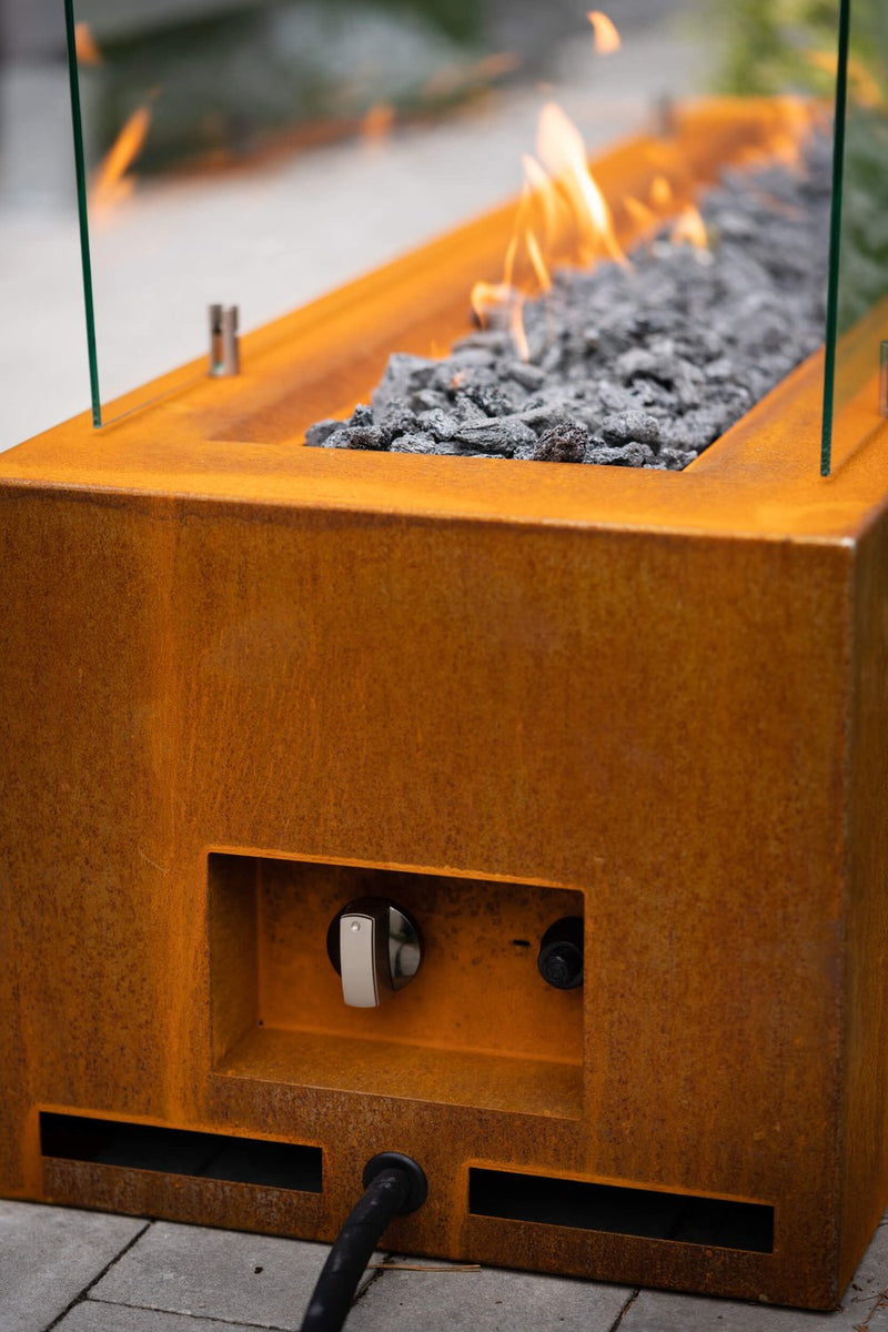 Load image into Gallery viewer, Close-up of Planika Galio Corten Manual outdoor gas fireplace
