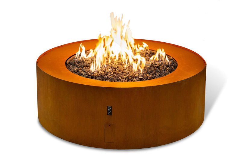 Load image into Gallery viewer, Front view of Planika Galio Star Corten automatic outdoor gas fireplace with star-shaped burner
