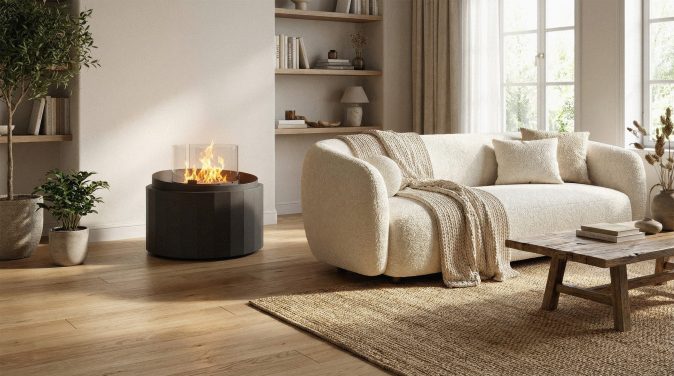 Load image into Gallery viewer, Planika Nest installed as a central freestanding fireplace in a modern living room
