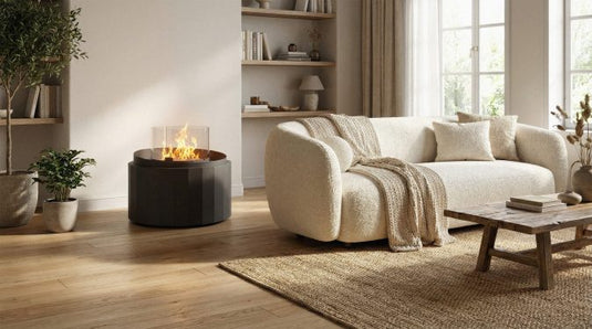 Planika Nest installed as a central freestanding fireplace in a modern living room