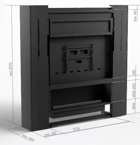 Planika NEX Media Wall for FLA4 and PD PRO showing dimensions and sliding mechanism system