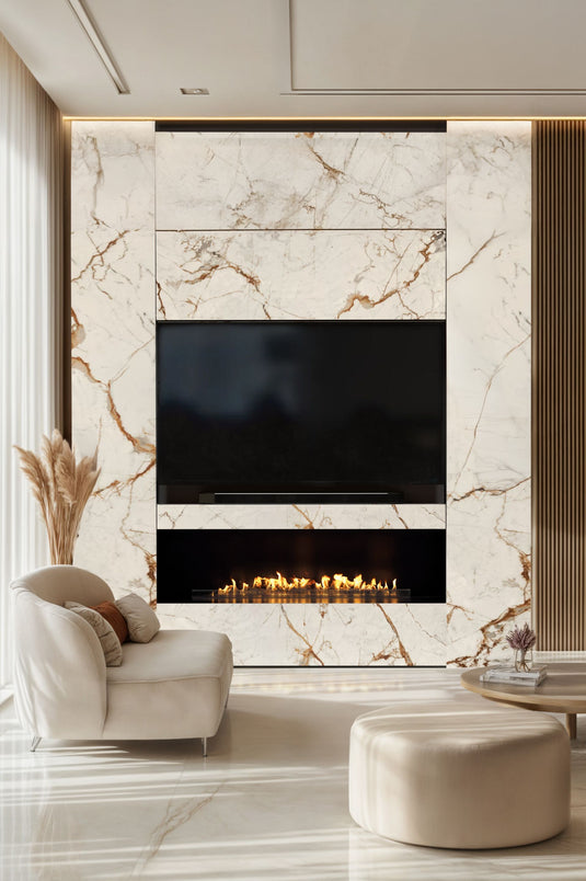 Modern living room with Planika NEX Media Wall sliding TV mechanism and integrated fireplace system