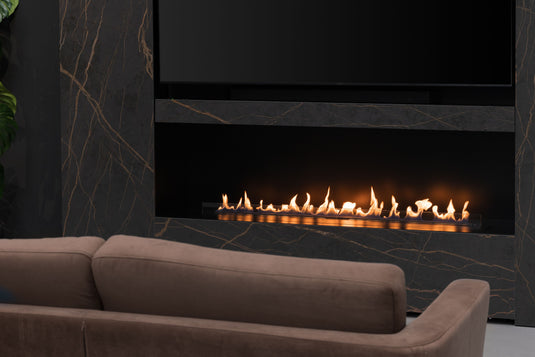 Modern living room with Planika NEX Media Wall sliding TV mechanism and integrated fireplace system