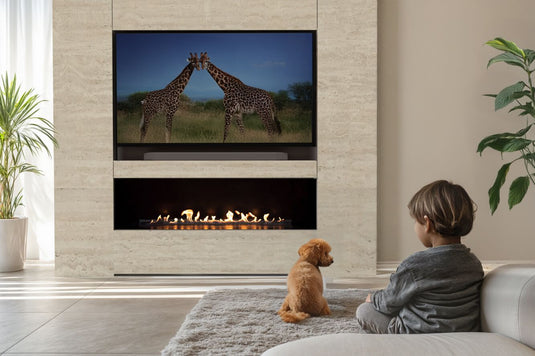 Modern living room with Planika NEX Media Wall sliding TV mechanism and integrated fireplace system