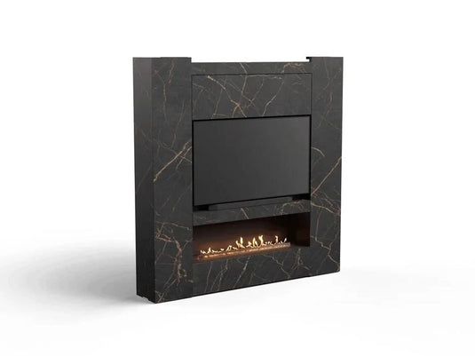 Planika NEX Media Wall for FLA4 and PD PRO front view showing sliding mechanism system and TV panel structure