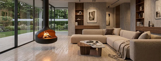 Planika Oni suspended bioethanol fireplace with FLA4 Flogs 39 inch burner in a luxury interior lifestyle setting with flue connection, floating design, and real flame ambiance in a modern living space