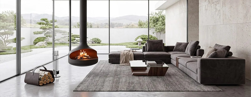 Load image into Gallery viewer, Planika Oni suspended bioethanol fireplace with FLA4 Flogs 39 inch burner in a luxury interior lifestyle setting with flue connection, floating design, and real flame ambiance in a modern living space
