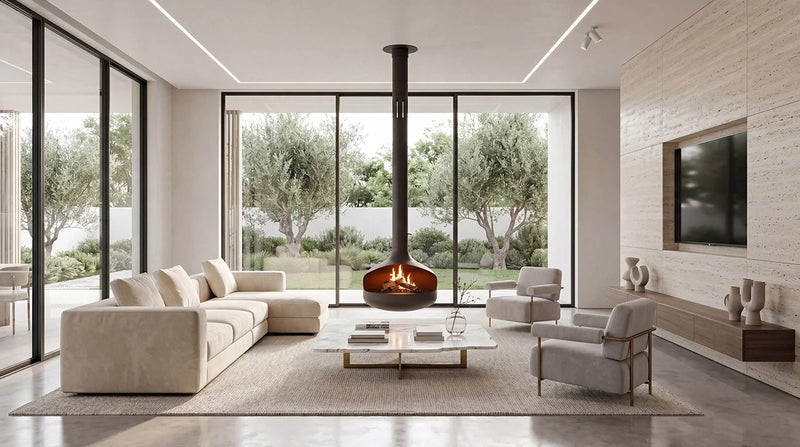 Load image into Gallery viewer, Planika Oni suspended bioethanol fireplace with FLA4 Flogs 39 inch burner in a luxury interior lifestyle setting with flue connection, floating design, and real flame ambiance in a modern living space
