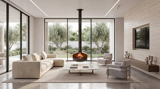 Planika Oni suspended bioethanol fireplace with FLA4 Flogs 39 inch burner in a luxury interior lifestyle setting with flue connection, floating design, and real flame ambiance in a modern living space