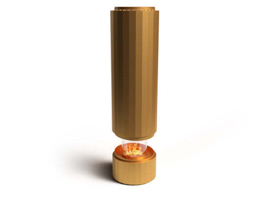 Front view of Planika Pillar Metallic Gold freestanding bioethanol fireplace with Comet BEV® burner