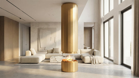 Planika Pillar Metallic Gold installed in modern living room as a freestanding centerpiece