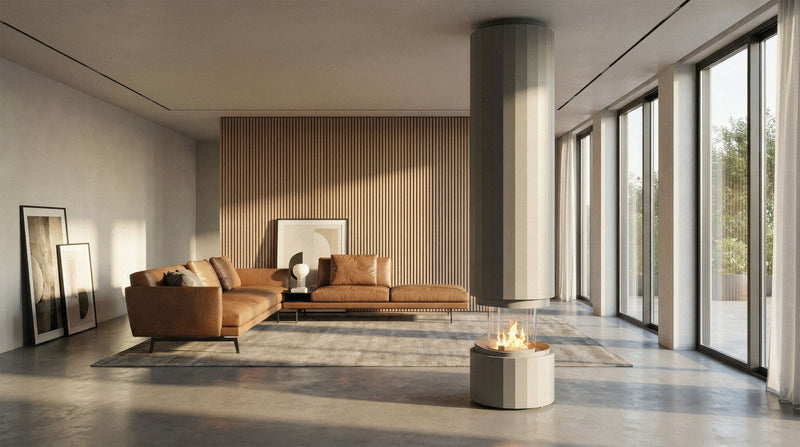 Load image into Gallery viewer, Planika Pillar Silk Grey installed in modern living room as a freestanding centerpiece
