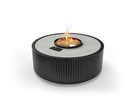 Front view of Planika Stella Kreta Table automatic outdoor gas fire table with natural stone Dekton Kreta tabletop