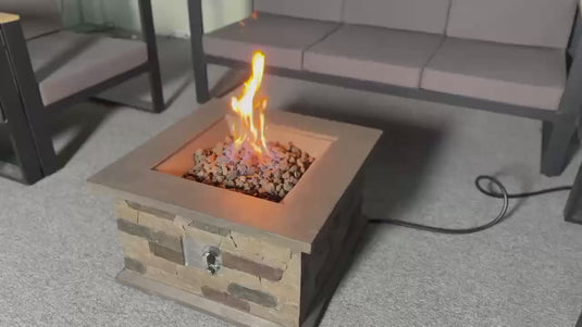 28.3-Inch Outdoor Propane Fire Pit Table – Square Imitation Stone Concrete Design, 50,000 BTU, Includes Lava Rocks & Rain Cover