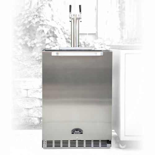 Sole Gourmet 24-inch outdoor kegerator with dual tap, reversible hinge, and lock