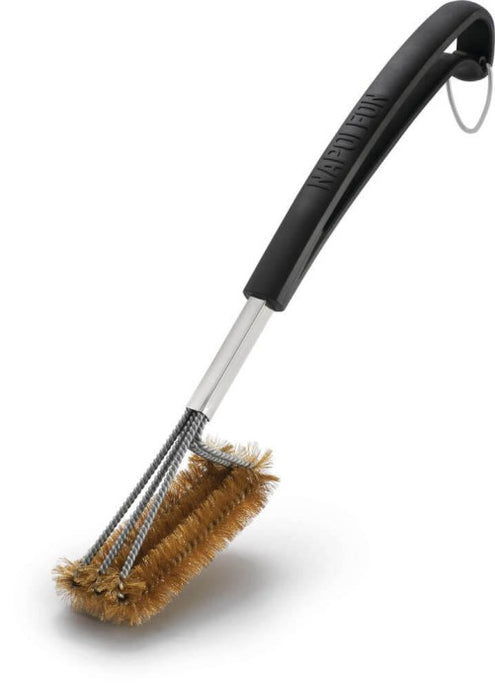 Triple-row grill brush with brass bristles and curved handle for cleaning cast iron cooking grids