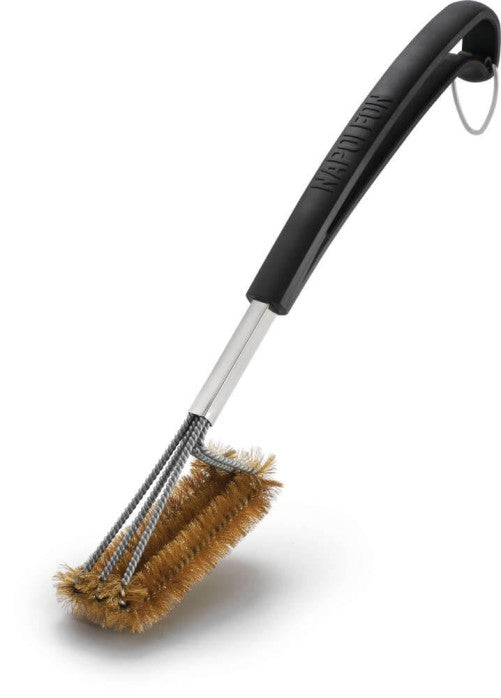 Triple-row grill brush with brass bristles and curved handle for cleaning cast iron cooking grids