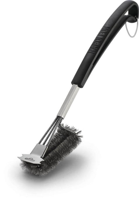 Triple-row grill brush with stainless steel bristles cleaning stainless steel barbecue cooking grids